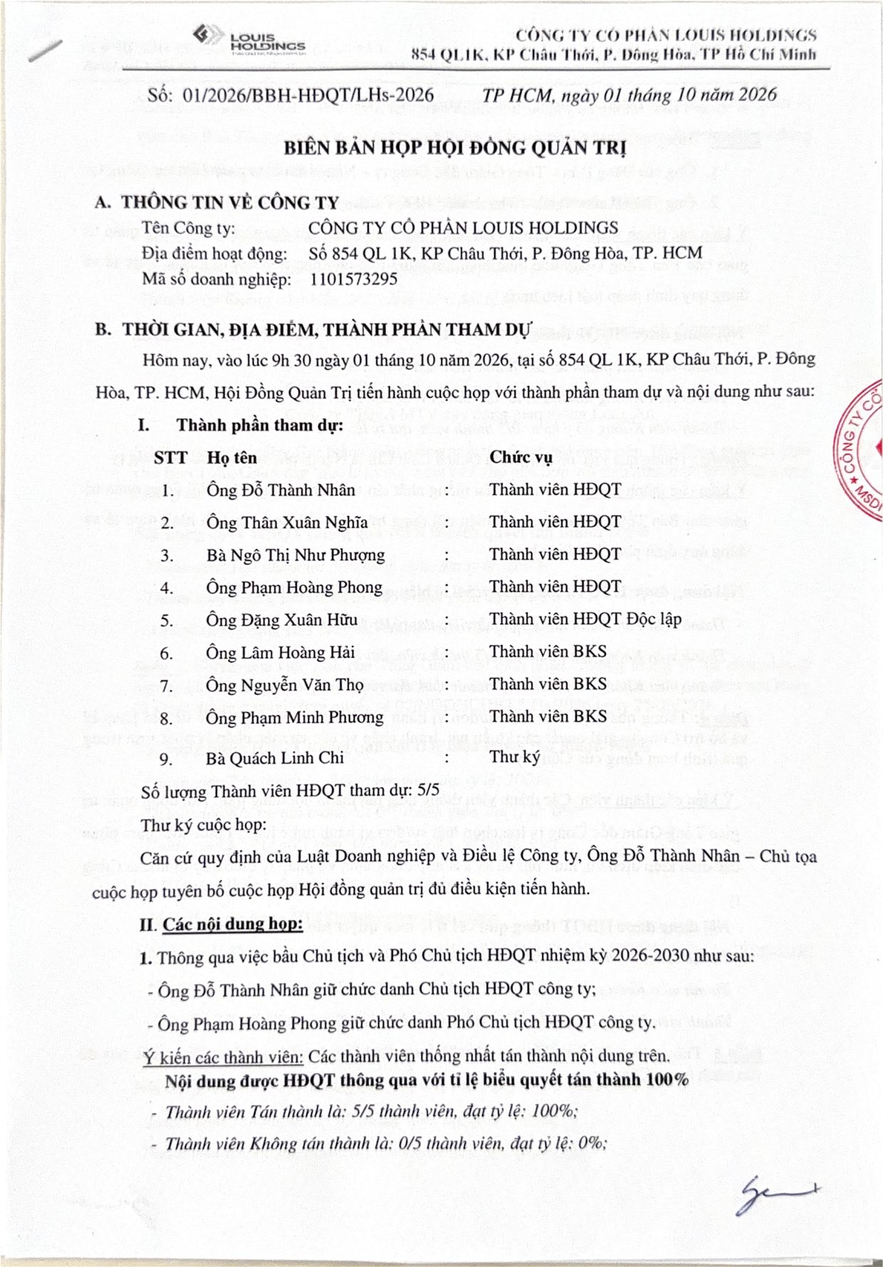 Biên bản họp HĐQT ngày 01/10/2026 - Trang 1