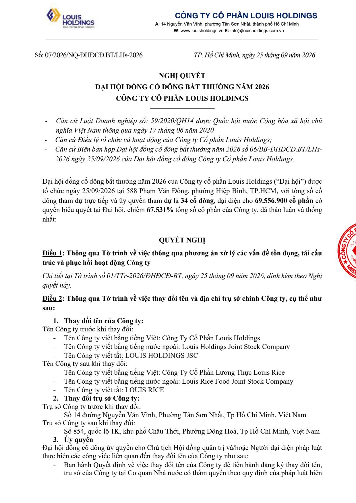 Nghị quyết ĐHĐCĐ bất thường 2026 - Trang 1