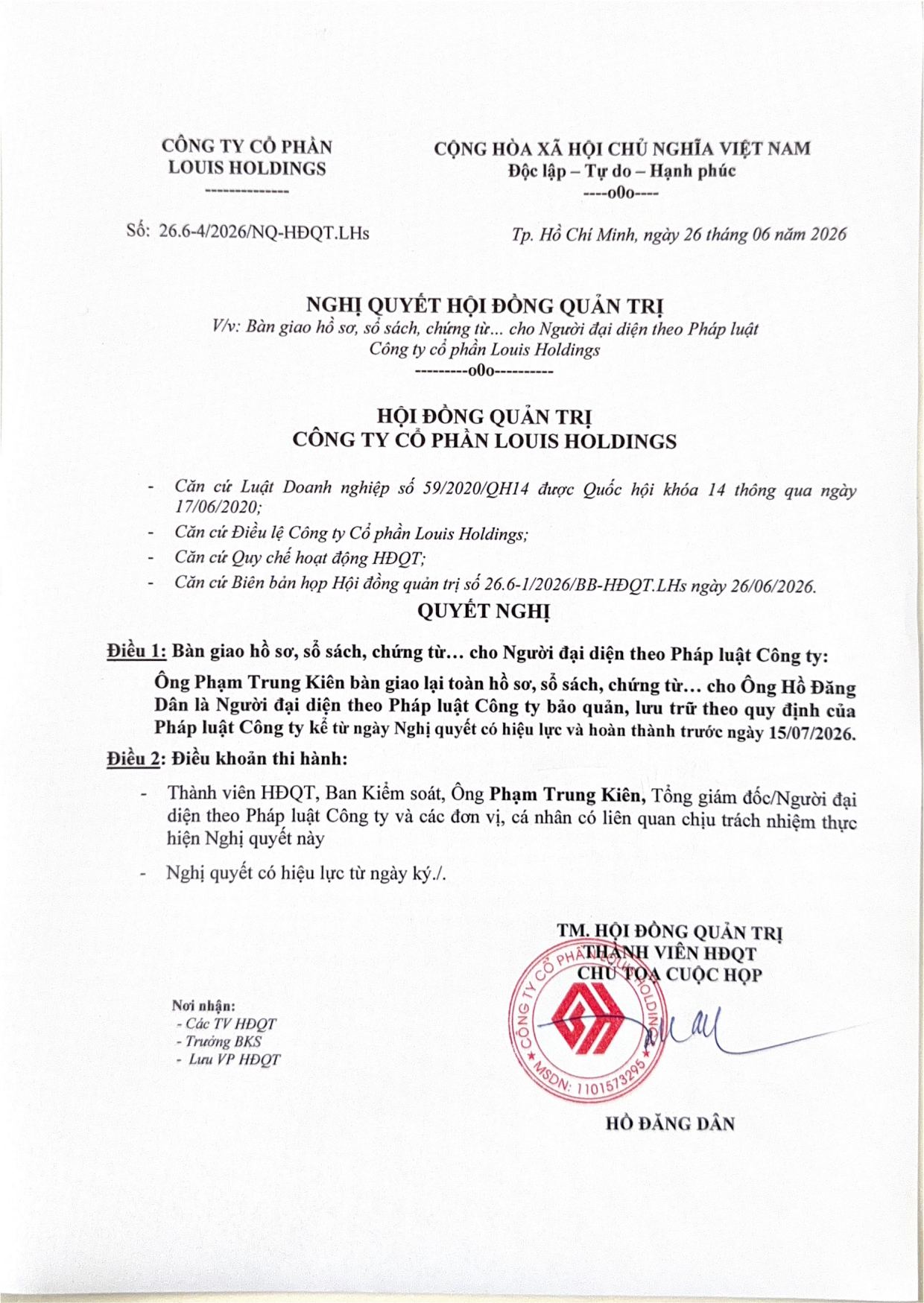 Nghị quyết HĐQT bàn giao hồ sơ, sổ sách 2026 - Trang 1