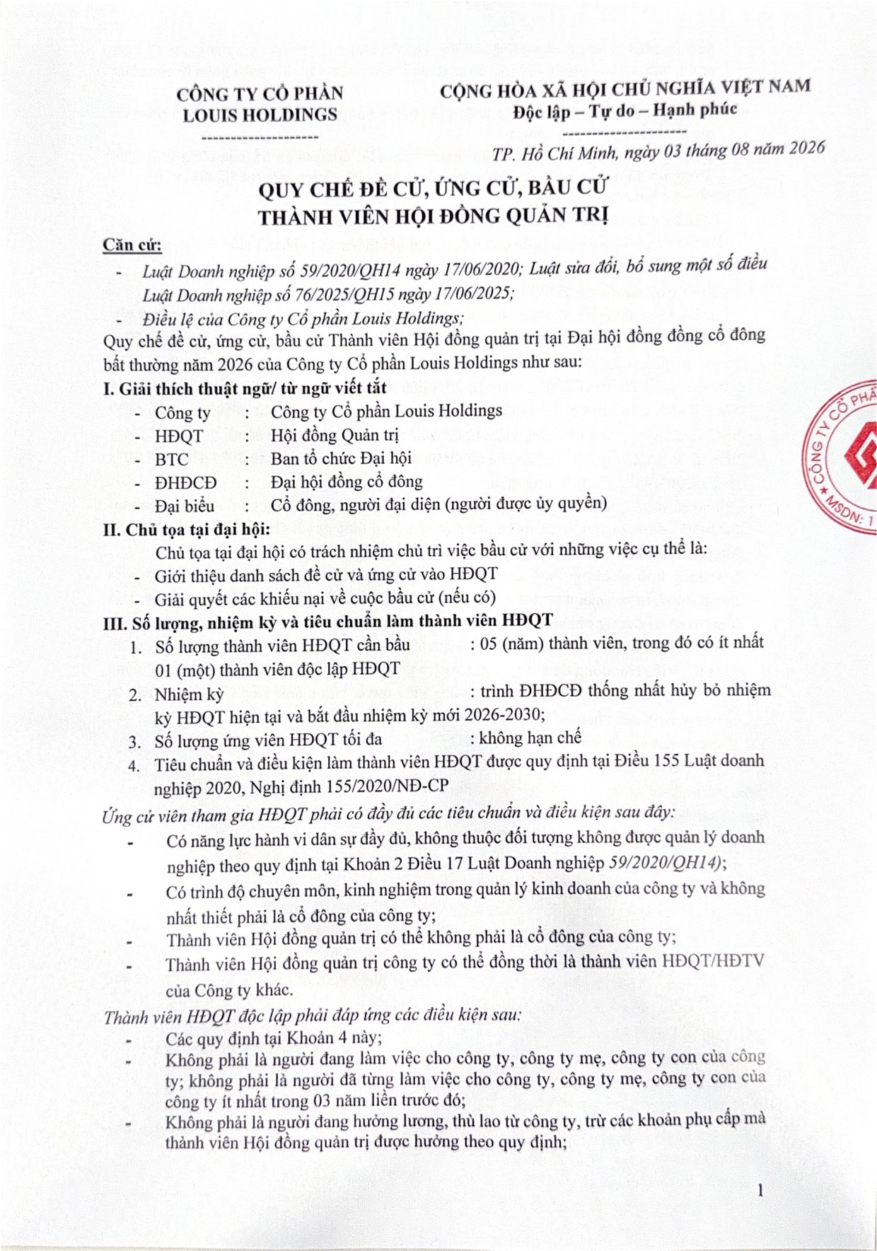Quy chế đề cử, ứng cử, bầu cử thành viên HĐQT 2026 - Trang 1