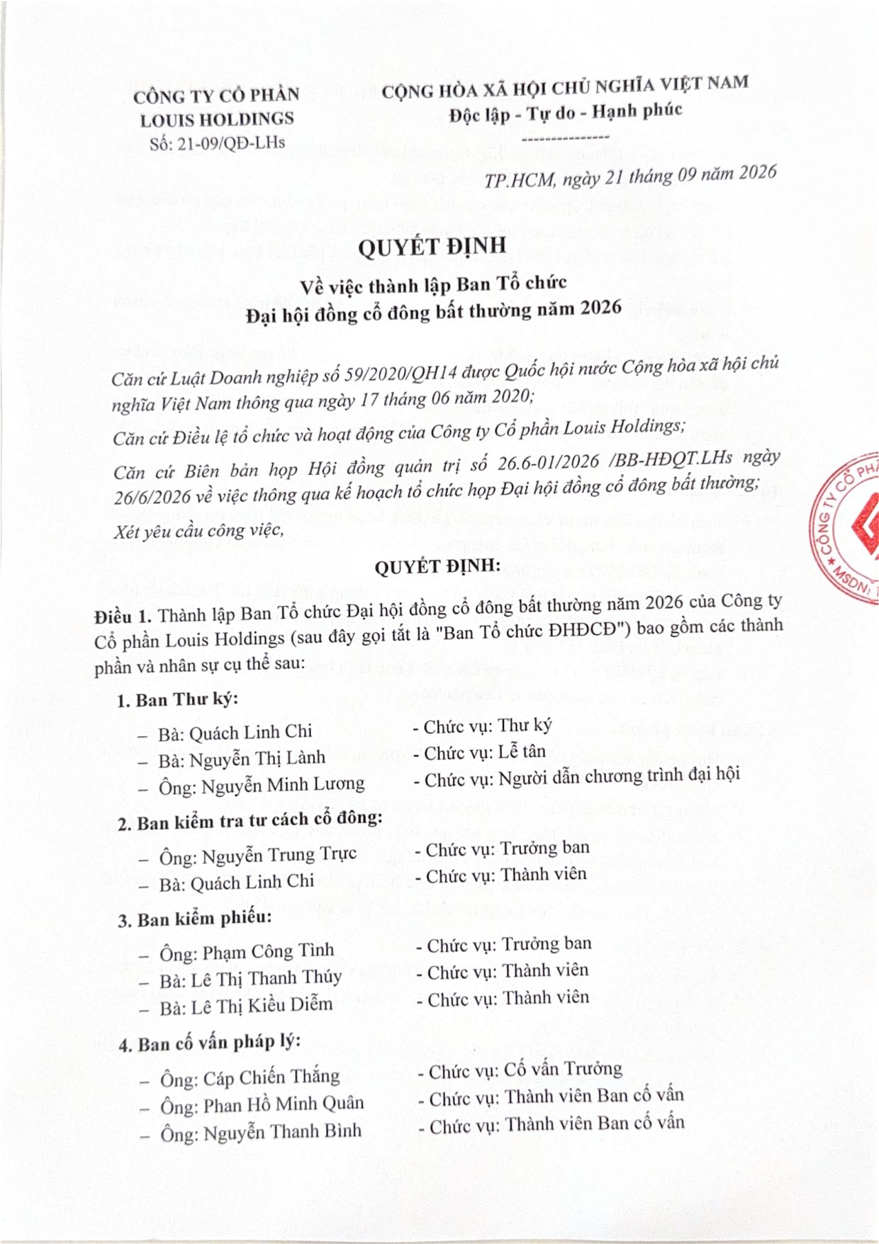 Quyết định thành lập Ban Tổ chức ĐHĐCĐ 2026 - Trang 1