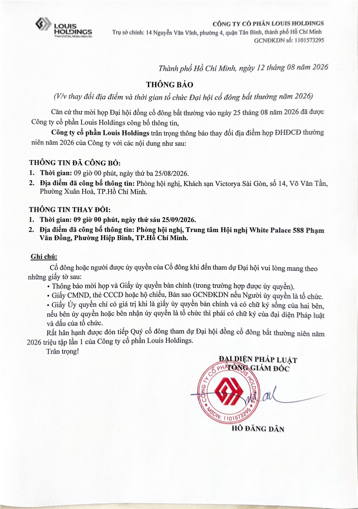 Thông báo thay đổi địa điểm, thời gian ĐHĐCĐ bất thường 2026 - Trang 1