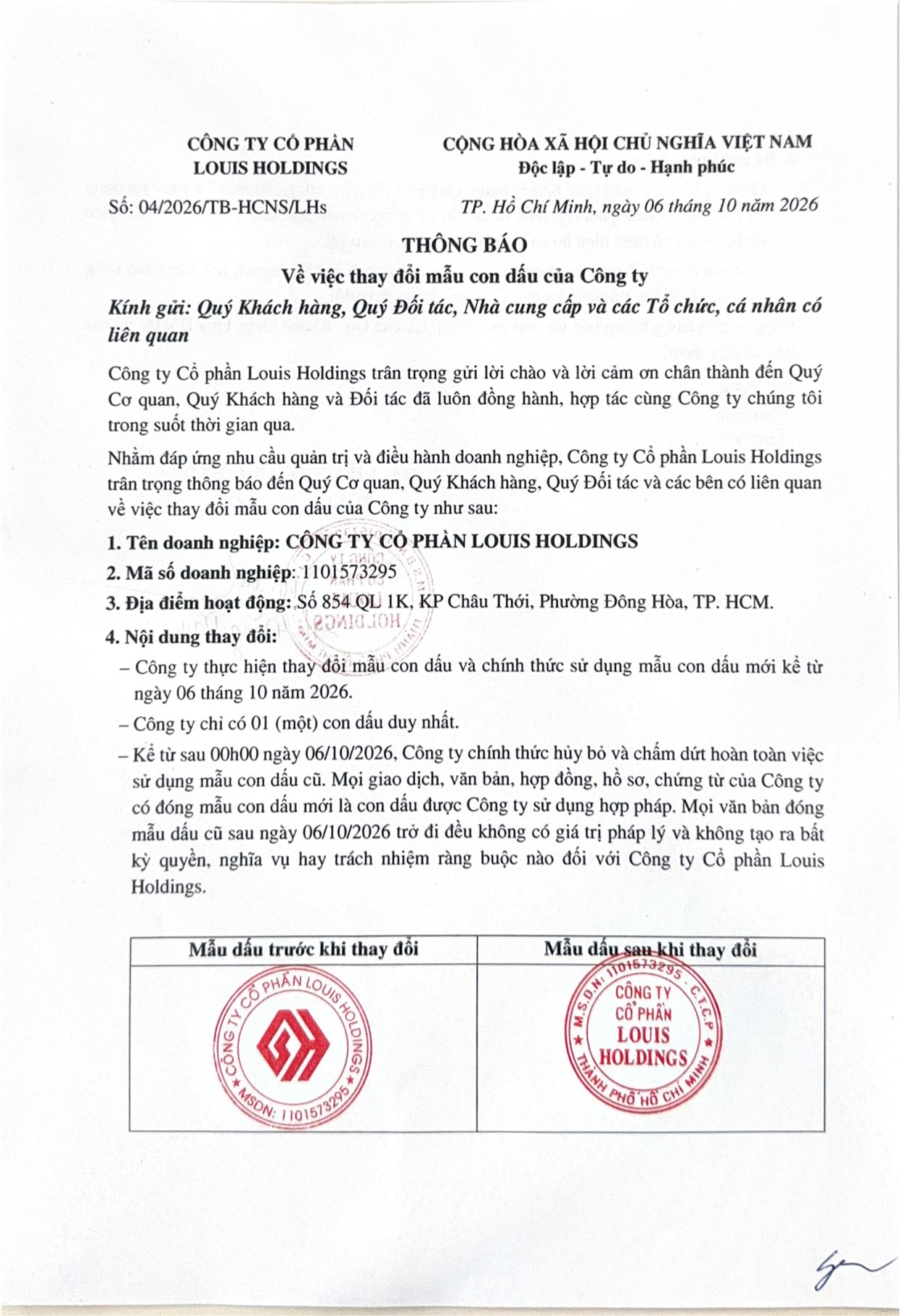 Thông báo thay đổi mẫu con dấu Công ty 2026 - Trang 1