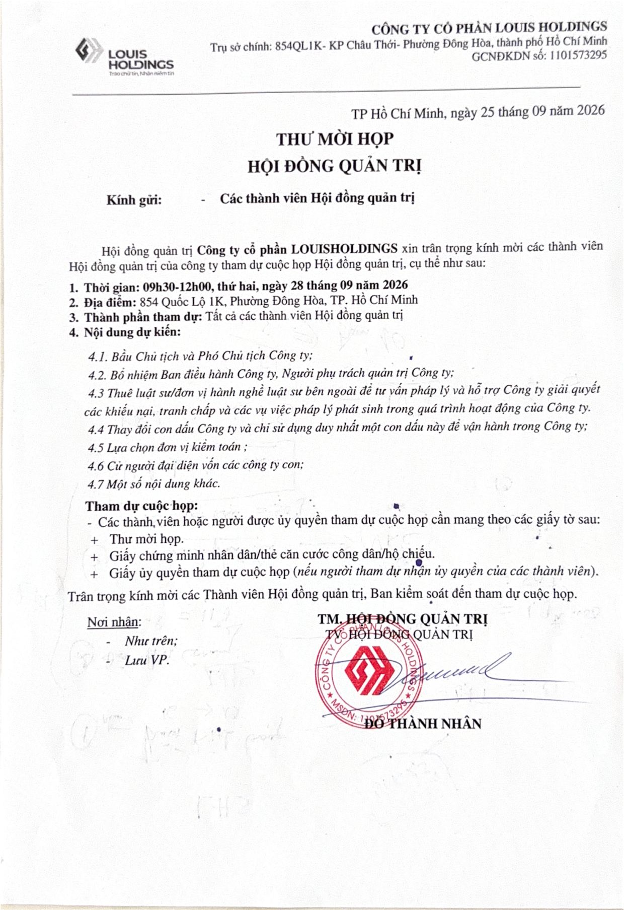 Thư mời họp HĐQT ngày 28/09/2026 - Trang 1