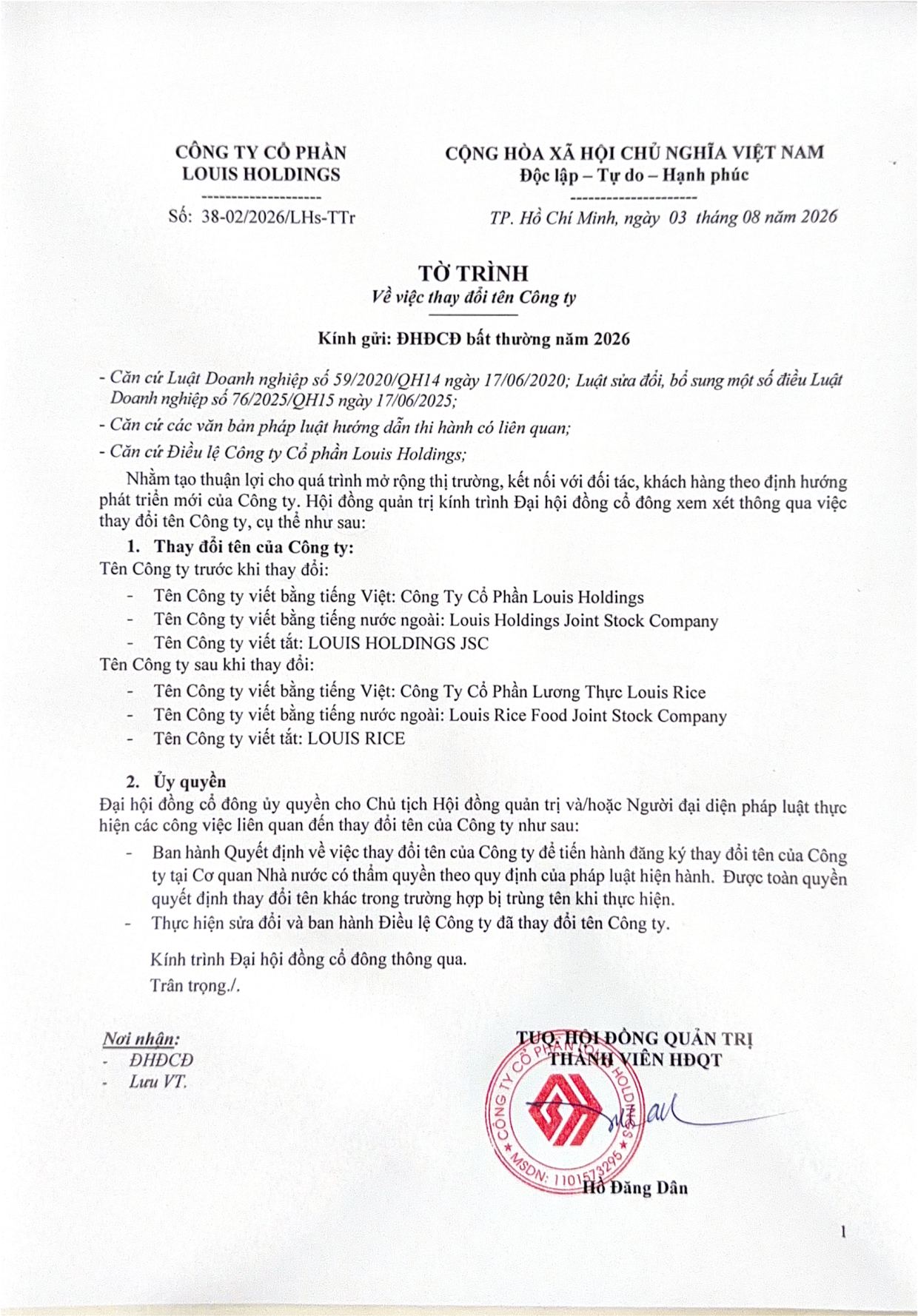 Tờ trình đổi tên Công ty (Louis Rice) 2026 - Trang 1