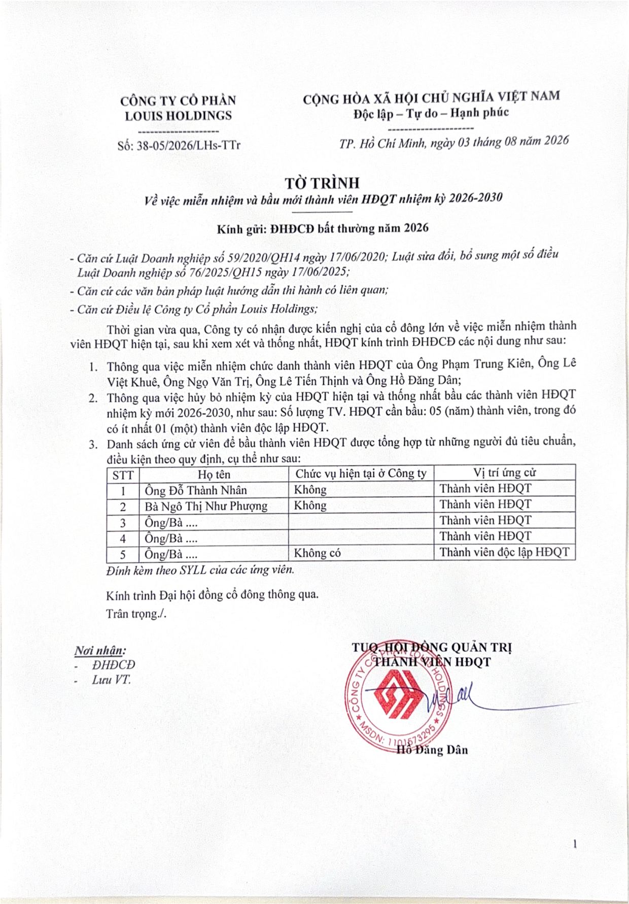 Tờ trình miễn nhiệm, bầu mới thành viên HĐQT 2026-2030 - Trang 1
